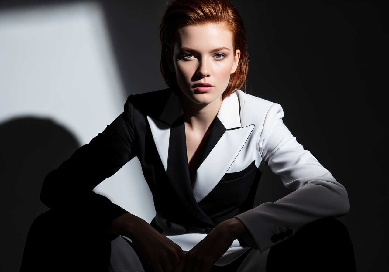 KI-Picdump: Redaktionelle Modefotografie einer jungen rothaarigen Frau