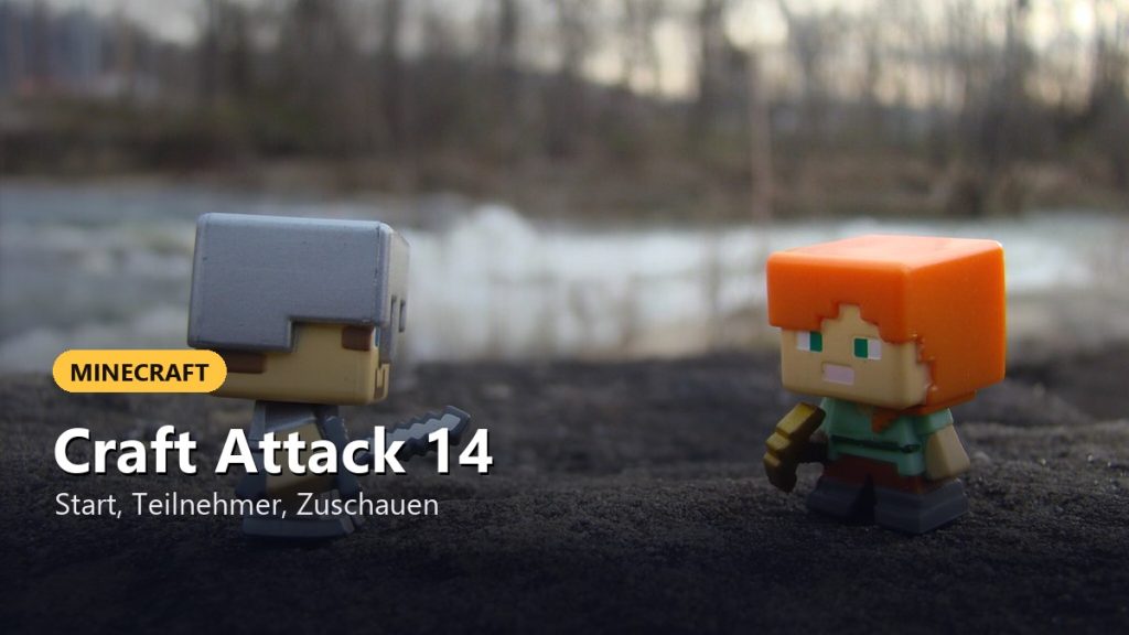 Zwei Minecraft-Spielfiguren, Steve mit Helm und Schwert und Alex mit Spitzhacke, auf einem Stein am Fluss