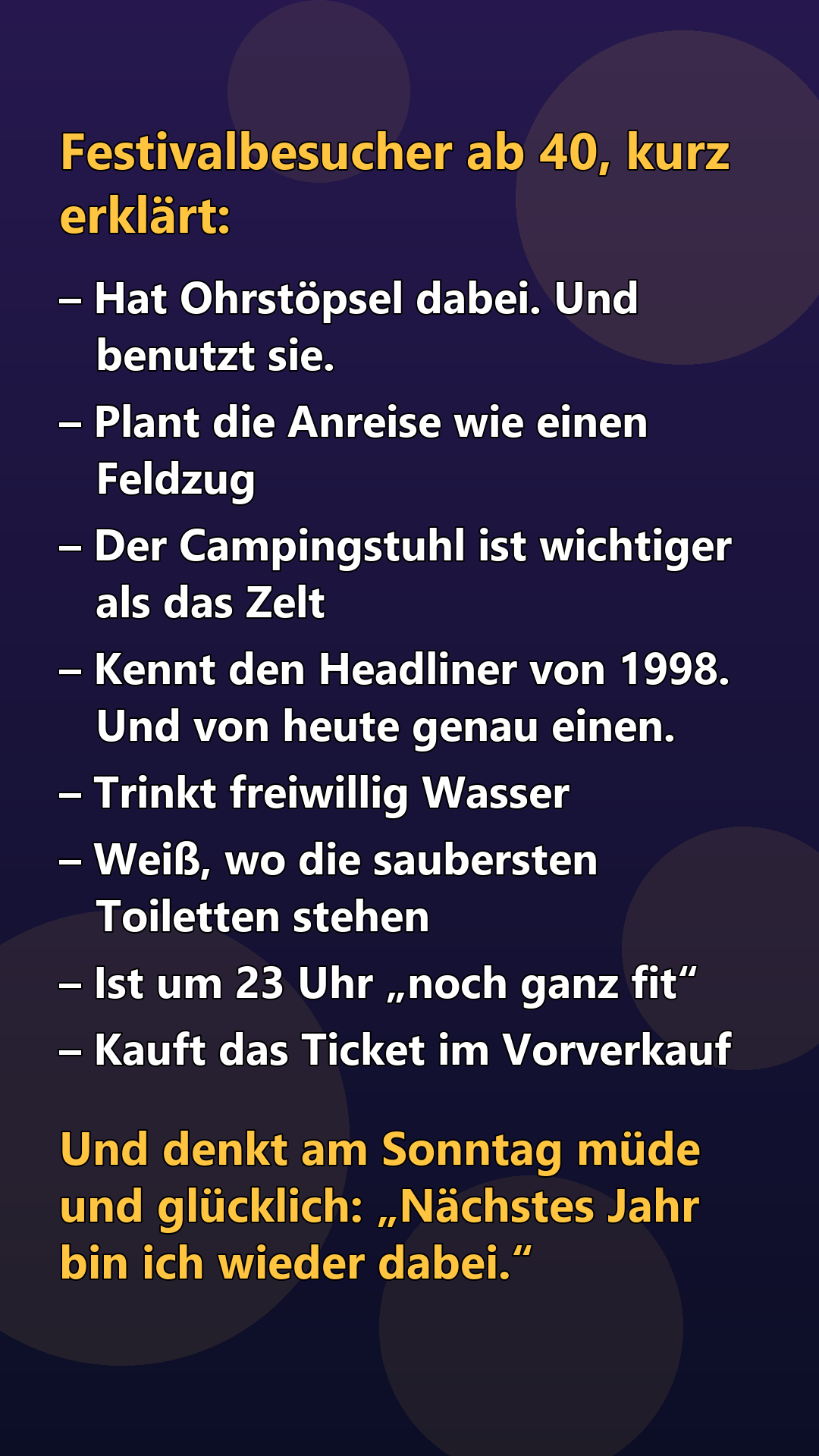 Textkarte: Festivalbesucher ab 40, kurz erklärt, mit acht Eigenschaften und der Pointe „Nächstes Jahr bin ich wieder dabei“