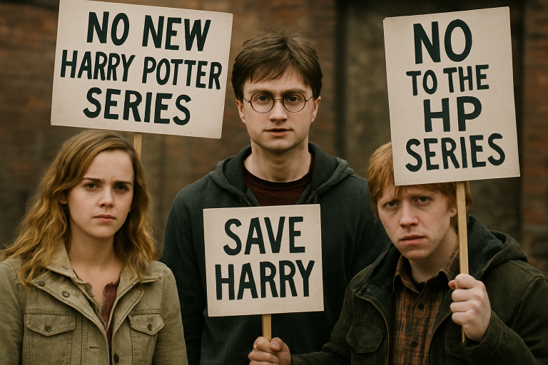 Harry Potter, Hermine und Ron protestieren gegen die neue Harry Potter Serie